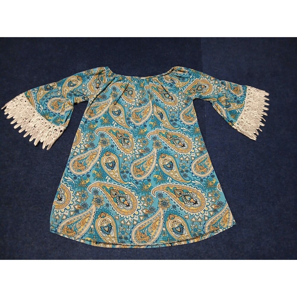 WinWin Blue Paisley Off Shoulder Boho Tunic Flare Lace Hem Sleeves  L/XL